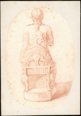 <em>"Enthroned figure of the god Harpocrates, rear view"</em>. Printed material. Brooklyn Museum. (N367.1_P91_Preissler_statue.jpg