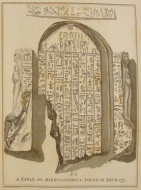 <em>"A table of Hieroglyphics, found at Anum 1771."</em>. Printed material. Brooklyn Museum. (N370.405_B83_Bruce_Travels_v1_opp_p418.jpg