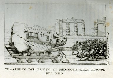 <em>"Transporto del buston di memnone alle sponde del Nilo."</em>. Printed material. Brooklyn Museum. (N370.41_B410_v1_Belzoni_Biographical_Trasporto_del_Busto_di_Memnone_opp_p096.jpg