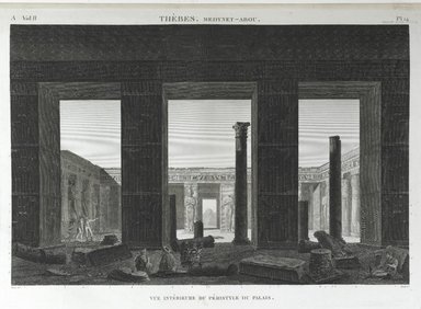 <em>"Thebes - Medynet Abou. Vue Interior du Peristyle du Palais."</em>. Printed material. Brooklyn Museum. (N370.41_F84_Description_Avol2_pl14_PS2.jpg