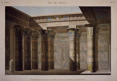 <em>"Ìle de Philae. Vue Perspective Intérieure Colorie, Prise sous le Portique du Grand Temple."</em>. Color transparency, 4x5in. Brooklyn Museum. (Photo: Brooklyn Museum, N370.41_F84_Description_vol1_pl18_SL3.jpg