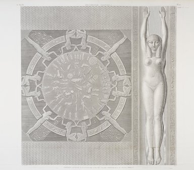 <em>"Denderah. (Tentyris).  Zodiaque Sculpté au Plafond de l'une des Salles"</em>. Printed material. Brooklyn Museum. (Photo: Brooklyn Museum, N370.41_F84_vol4_pl21_Dendera_PS9.jpg
