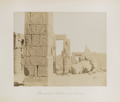 <em>"Ramesseum: Statue and Temple"</em>. Printed material. Brooklyn Museum. (Photo: Brooklyn Museum, N376_B14_Beato_vol1_pl11_PS4.jpg