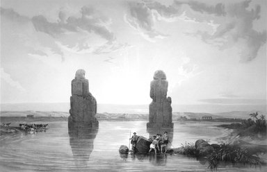 <em>"The Colossi of Amenoph III during the inundation of the Nile."</em>. Printed material. Brooklyn Museum. (N376_B51_Binion_Ancient_Egypt_or_Mizraim_v1_pt2_plXIX.jpg