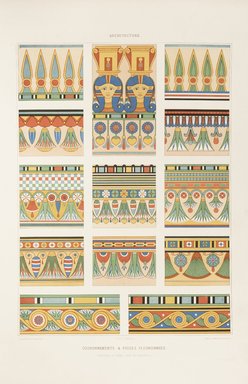 <em>"Entablatures & floral friezes (Necropolis of Thebes, 18th & 20th dynasties)"</em>. Printed material. Brooklyn Museum. (Photo: Brooklyn Museum, N376_P93_v1_Prisse_d%27Avennes_vol1_pl013_PS11.jpg