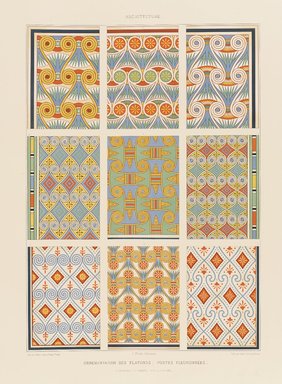 <em>"Ceiling patterns; floral designs (Necropolis of Thebes, 18th & 19th dynasties)"</em>. Printed material. Brooklyn Museum. (Photo: Brooklyn Museum, N376_P93_v1_Prisse_d%27Avennes_vol1_pl031_PS9.jpg