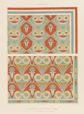 <em>"Ceiling patterns; boukrania (Necropolis of Thebes, 18th & 20th dynasties)"</em>. Printed material. Brooklyn Museum. (Photo: Brooklyn Museum, N376_P93_v1_Prisse_d%27Avennes_vol1_pl033_PS9.jpg