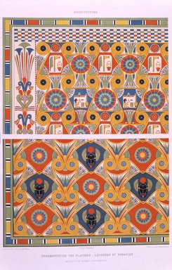 <em>"Ornementation de plafonds: legends et symboles. Necropole de Thebes, XVIII Dynastie."</em>. Color transparency, 4x5in. Brooklyn Museum. (Photo: Brooklyn Museum, N378_P93_Monuments_egyptiens_v1_Legendes_Symboles.jpg