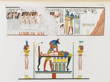 <em>"Accompagnamento di una mummia al sepolcro. Il dio Anubi presta gli ultimi uffizi a un defunto."</em>. Born digital. Brooklyn Museum. (Photo: Brooklyn Museum, N378_R72_SCR_Rosellini_Monumenti_v2_plCXXIX_PS2.jpg