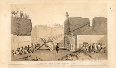 <em>"Lowering the Great Winged Bull."</em>. Printed material. Brooklyn Museum. (N426_N62_L44_Layard_Nineveh_v1_opp_tp.jpg