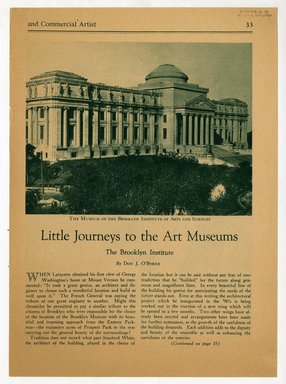<em>"'Little Journeys to the Art Museums: The Brooklyn Institute,' from American Art Student and Commercial Artist. First page of article."</em>, ca. 1927. Printed material, 8 x 11in (28 x 20cm). Brooklyn Museum, CHART_2011. (N61_B8_Ob9_Little_journeys_p33.jpg