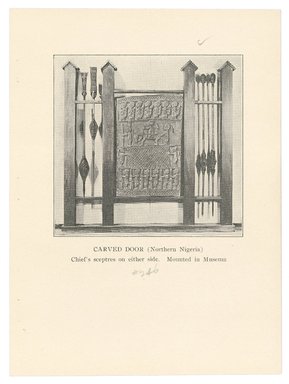 <em>"Carved Door (Northern Nigeria). Chief's sceptres on either side."</em>, 1923. Printed material. Brooklyn Museum. (N7397.5_C76_B79_Primitive_Negro_Art_p23_SL1.jpg