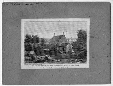 <em>"The Stone House at Gowanus on the Battlefield of Long Island  From the oil painting by Louis Grube 1846, copyright 1909 by Witter and Kintner."</em>. Printed material, 5.5 x 7.25in (14 x 18.4cm). Brooklyn Museum, CHART_2012. (NA202_C68_box1_The_Stone_House_at_Gowanus_recto.jpg