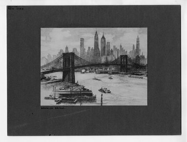 <em>"Brooklyn Bridge."</em>. Printed material, 5.25 x 7.25in (13.3 x 18.4cm). Brooklyn Museum, CHART_2012. (NA202_C68_box2_Brooklyn_Bridge_etching.jpg