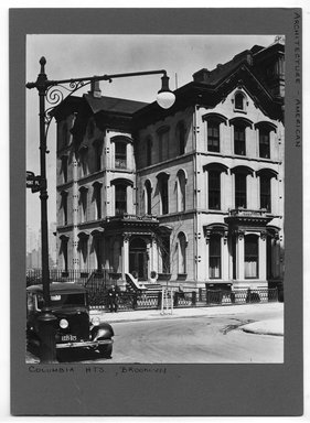 <em>"Façade, 65-71 Columbia Heights,  Brooklyn."</em>. Bw photograph, 9.5 x 7.5in (24.1 x 19.1cm). Brooklyn Museum, CHART_2012. (NA202_C68_box3_Columbia_Heights_house.jpg