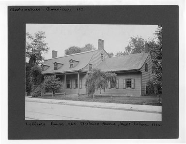 <em>"Lefferts House, 563 Flatbush Avenue, built before 1776."</em>. Bw photograph print sepia toned, 6.5 x 9in (16.5 x 22.9cm). Brooklyn Museum, CHART_2012. (NA202_C68_box3_Lefferts_House.jpg