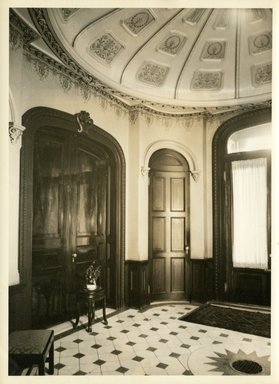 <em>"View of Entrance, Miss Harriet White's house, 2 Pierrepont Place, Brooklyn N.Y."</em>. Bw photographic print, sepia toned. Brooklyn Museum, CHART_2011. (NA735_B8_Al2_White_house_entrance.jpg