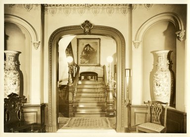 <em>"Foyer, Miss Harriet White's house, 2 Pierrepont Place, Brooklyn N.Y."</em>. Bw photographic print, sepia toned. Brooklyn Museum, CHART_2011. (NA735_B8_Al2_White_house_foyer.jpg