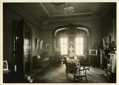 <em>"View of Rear parlor, Miss Harriet White's house, 2 Pierrepont Place, Brooklyn N.Y."</em>. Bw photographic print, sepia toned. Brooklyn Museum, CHART_2011. (NA735_B8_Al2_White_house_rear_parlor.jpg