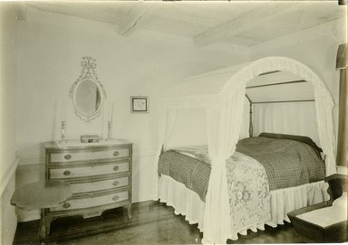 <em>"Early American Rooms.  Schenck House bedroom. View showing bed."</em>. Bw photographic print, 5 x 7 in (13 x 16 cm). Brooklyn Museum, CHART_2013. (Photo: Courtesy of the City of New York, NA735_B8_B79n_Schenck_House_bedroom_20a.jpg