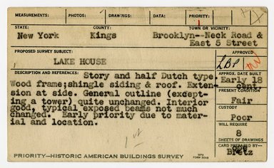 <em>"Preliminary survey of the Lake house prepared for the Historic American Buildings Survey."</em>, ca. 1936. Printed matter, 3 x 5in. Brooklyn Museum, CHART_2011. (NA735_B8_H621a_HABS_Lake_House_01_recto.jpg