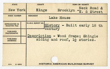 <em>"Preliminary survey of the Lake house prepared for the Historic American Buildings Survey."</em>, 1936. Printed matter, 3 x 5in. Brooklyn Museum, CHART_2011. (NA735_B8_H621a_HABS_Lake_House_02_recto.jpg