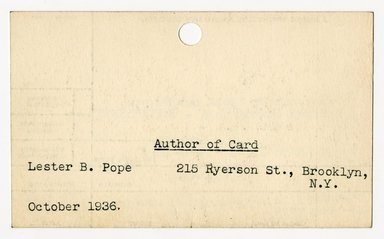 <em>"Preliminary survey of the Lake house prepared for the Historic American Buildings Survey."</em>, 1936. Printed matter, 3 x 5in. Brooklyn Museum, CHART_2011. (NA735_B8_H621a_HABS_Lake_House_02_verso.jpg