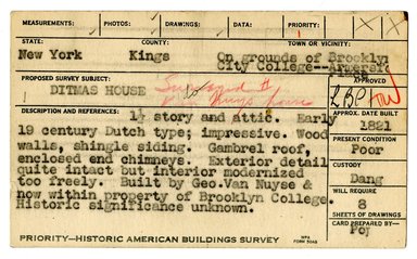 <em>"Preliminary survey of the Ditmas house prepared for the Historic American Buildings Survey."</em>, ca. 1936. Printed matter, 3 x 5in. Brooklyn Museum, CHART_2011. (NA735_B8_H621d_HABS_Ditmas_House_01_recto.jpg