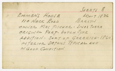<em>"Preliminary survey of the Emmens house prepared for the Historic American Buildings Survey."</em>, ca. 1936. Manuscript. Brooklyn Museum, CHART_2011. (NA735_B8_H621e_HABS_Emmens_House_02.jpg