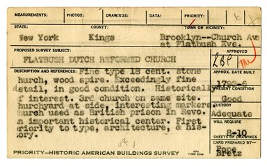 <em>"Preliminary survey of the Flatbush Dutch Reformed Church prepared for the Historic American Buildings Survey."</em>, ca. 1936. Printed matter, 3 x 5in. Brooklyn Museum, CHART_2011. (NA735_B8_H621f_HABS_Flatbush_Church_01_recto.jpg