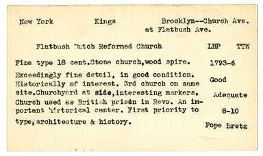 <em>"Preliminary survey of the Flatbush Dutch Reformed Church prepared for the Historic American Buildings Survey."</em>, ca. 1936. Printed matter, 3 x 5in. Brooklyn Museum, CHART_2011. (NA735_B8_H621f_HABS_Flatbush_Church_02.jpg