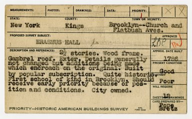 <em>"Preliminary survey of Erasmus Hall prepared for the Historic American Buildings Survey."</em>, ca. 1936. Printed matter, 3 x 5in. Brooklyn Museum, CHART_2011. (NA735_B8_H621h_HABS_Erasmus_Hall_01_recto.jpg