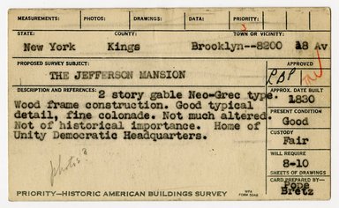 <em>"Preliminary survey of the Jefferson mansion prepared for the Historic American Buildings Survey."</em>, ca. 1936. Printed matter, 3 x 5in. Brooklyn Museum, CHART_2011. (NA735_B8_H621j_HABS_Jefferson_Mansion_01_recto.jpg