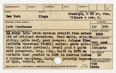 <em>"Preliminary survey of the Lott farmhouse prepared for the Historic American Buildings Survey."</em>, ca. 1936. Printed matter, 3 x 5in. Brooklyn Museum, CHART_2011. (NA735_B8_H621l_HABS_Lott_Farmhouse_01.jpg