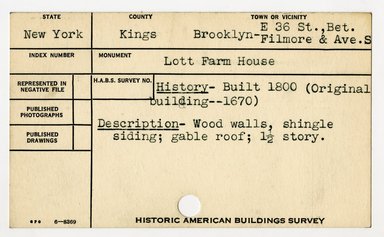 <em>"Preliminary survey of the Lott farmhouse prepared for the Historic American Buildings Survey."</em>, 1936. Printed matter, 3 x 5in. Brooklyn Museum, CHART_2011. (NA735_B8_H621l_HABS_Lott_Farmhouse_02_recto.jpg