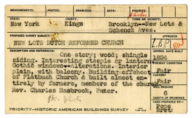 <em>"Preliminary survey of the New Lots Dutch Reformed Church prepared for the Historic American Buildings Survey."</em>, ca. 1936. Printed matter, 3 x 5in. Brooklyn Museum, CHART_2011. (NA735_B8_H621n_HABS_New_Lots_Church_01_recto.jpg