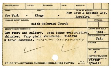 <em>"Preliminary survey of the New Lots Dutch Reformed Church prepared for the Historic American Buildings Survey."</em>, ca. 1936. Printed matter, 3 x 5in. Brooklyn Museum, CHART_2011. (NA735_B8_H621n_HABS_New_Lots_Church_02_recto.jpg