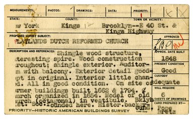 <em>"Preliminary survey of the Flatlands Dutch Reformed Church prepared for the Historic American Buildings Survey."</em>, ca. 1936. Printed matter, 3 x 5in. Brooklyn Museum, CHART_2011. (NA735_B8_H621p_HABS_Flatlands_Church_01_recto.jpg