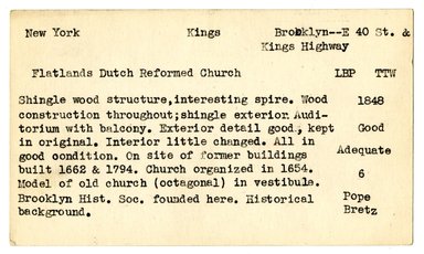 <em>"Preliminary survey of the Flatlands Dutch Reformed Church prepared for the Historic American Buildings Survey."</em>, ca. 1936. Printed matter, 3 x 5in. Brooklyn Museum, CHART_2011. (NA735_B8_H621p_HABS_Flatlands_Church_02_recto.jpg