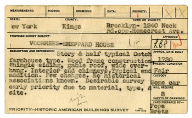 <em>"Preliminary survey of the Voorhees house prepared for the Historic American Buildings Survey."</em>, ca. 1936. Printed matter, 3 x 5in. Brooklyn Museum, CHART_2011. (NA735_B8_H621s_HABS_Voorhees_House_01_recto.jpg