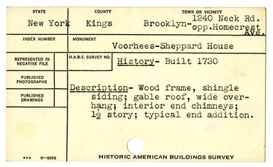 <em>"Preliminary survey of the Voorhees house prepared for the Historic American Buildings Survey."</em>, 1936. Printed matter, 3 x 5in. Brooklyn Museum, CHART_2011. (NA735_B8_H621s_HABS_Voorhees_House_02_recto.jpg