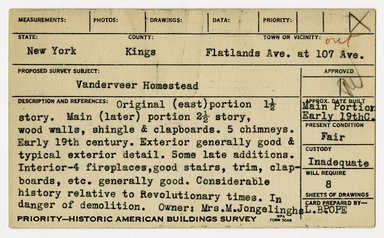 <em>"Preliminary survey of the Vanderveer homestead prepared for the Historic American Buildings Survey."</em>, ca. 1936. Printed matter, 3 x 5in. Brooklyn Museum, CHART_2011. (NA735_B8_H621v_HABS_Vanderveer_Homestead_01.jpg