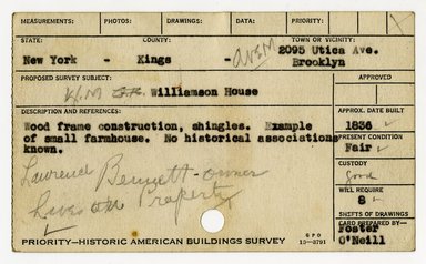 <em>"Preliminary survey of the M.W. Williamson house prepared for the Historic American Buildings Survey."</em>, ca. 1936. Printed matter, 3 x 5in. Brooklyn Museum, CHART_2011. (NA735_B8_H621w_HABS_MW_Williamson_House_02_recto.jpg