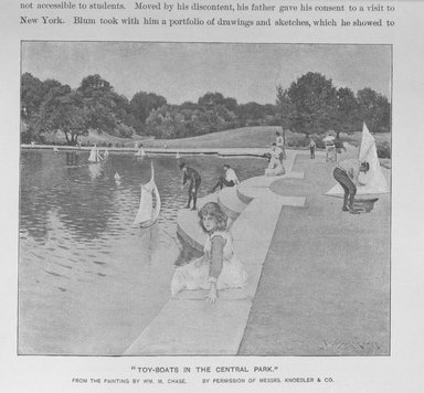 <em>"Toy Boats in The Central Park. From the painting by Wm. M. Chase.  By permission of Messrs. Knoedler & Co."</em>, 1888. Bw negative 4x5in. Brooklyn Museum. (ND1196_C77_v3_p281_bw.jpg