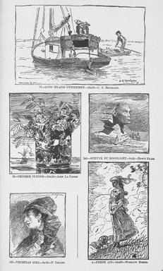 <em>"Illustrations opposite the West Room: 77—Long Island Oystermen—13x19—C.S. Reinhart; 15—Chinese Pi-Tong—15x16—John La Farge; 140—Sphynx by Moonlight—8x10—Edwin Ellis; 147—Venetian Girl—8x10—F.Tofano; 5—Fresh Air—14x20—Winslow Homer. Photo. Eng. Co. N.Y."</em>, 1879. Bw negative 4x5in. Brooklyn Museum. (ND187_Am3_1879_opposite_west_room_bw.jpg