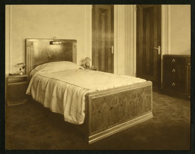 <em>"Bedroom of the Weil-Worgelt apartment."</em>. Bw photographic print, sepia toned. Brooklyn Museum, CHART_2011. (NK2004_W42_Weil_Worgelt_apartment_page01.jpg
