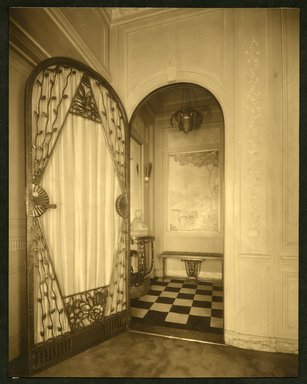 <em>"Weil-Worgelt apartment; Art Deco metalwork door with view to hallway."</em>. Bw photographic print, sepia toned. Brooklyn Museum, CHART_2011. (NK2004_W42_Weil_Worgelt_apartment_page02.jpg