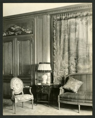 <em>"Weil-Worgelt apartment; upholstered chair, settee, and tapestry in French eighteenth-century revival style."</em>. Bw photographic print, 5 x 7 in (13 x 16 cm). Brooklyn Museum, CHART_2011. (NK2004_W42_Weil_Worgelt_apartment_page07.jpg