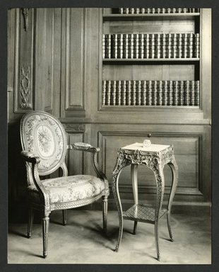 <em>"Weil-Worgelt apartment; chair and end table in French eighteenth-century revival style."</em>. Bw photographic print, 5 x 7 in (13 x 16 cm). Brooklyn Museum, CHART_2011. (NK2004_W42_Weil_Worgelt_apartment_page10.jpg
