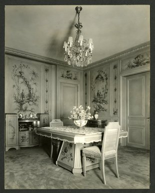 <em>"Weil-Worgelt apartment; buffet, table, and chairs in French eighteenth-century revival style."</em>. Bw photographic print, 5 x 7 in (13 x 16 cm). Brooklyn Museum, CHART_2011. (NK2004_W42_Weil_Worgelt_apartment_page15.jpg